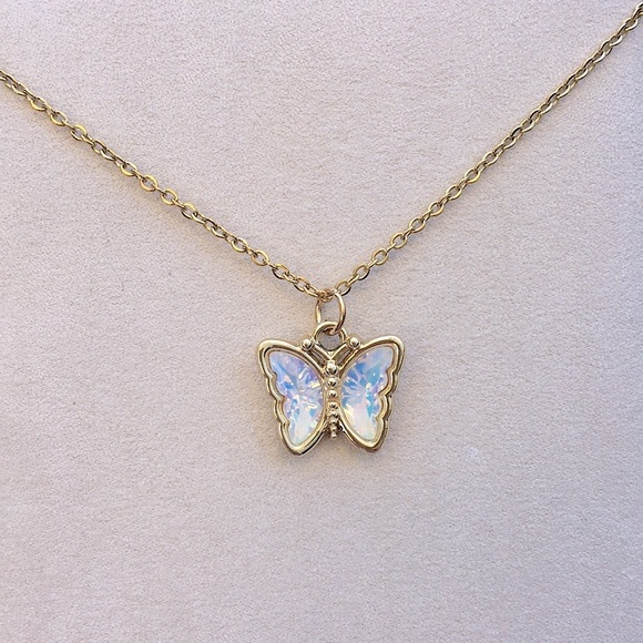 White Opal Aurora Borealis Crystal Butterfly Pendant Necklace - Picture 6 of 10